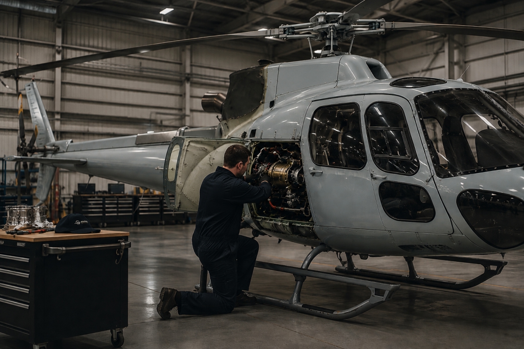 Man working on helicopter